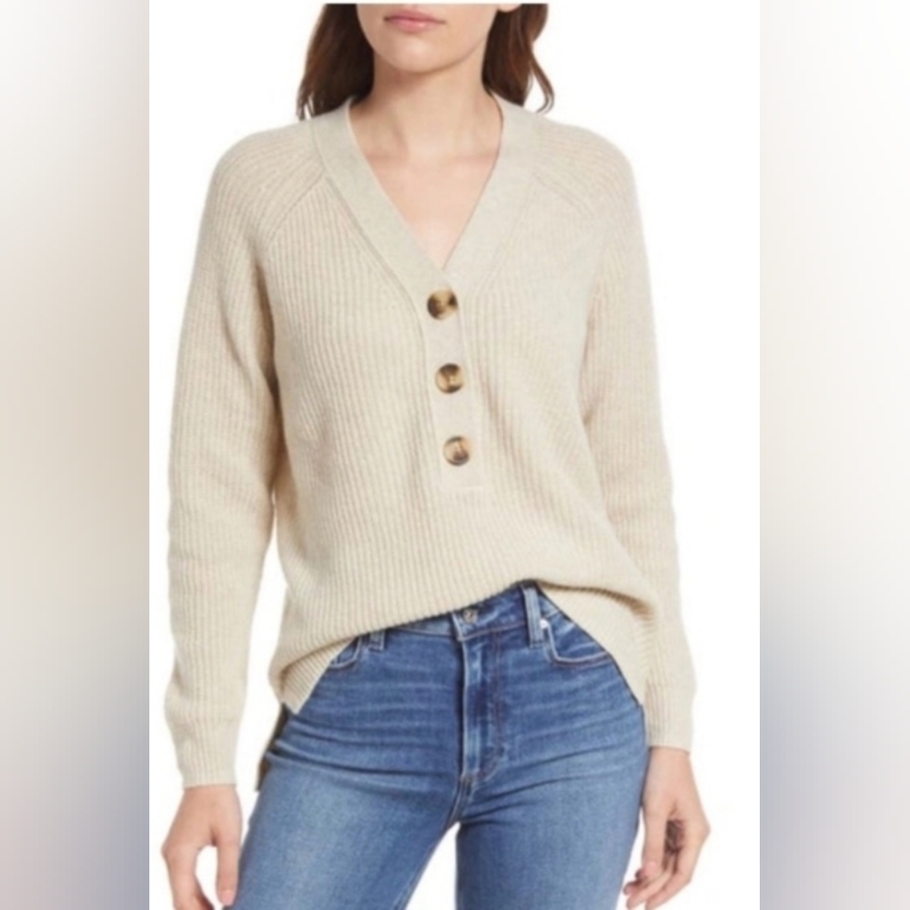Madewell Lyle Ribbed Henley Sweater, Color Cream Size XXS